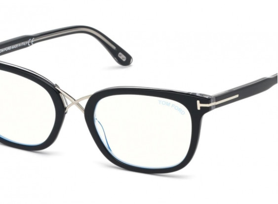 Tom Ford FT5637-B 005 Shiny Black & Crystal Palladium/ Blue Block Lense 52mm