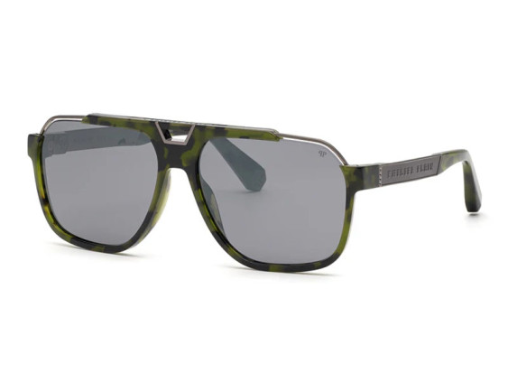 Philipp Plein SPP046M 92IX Olive Havana/Smoke Silver Mirror